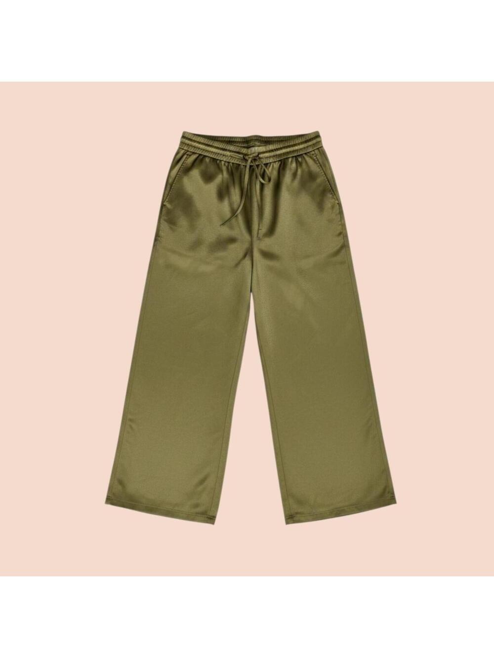Urban Revivo Olive Green Satin Wide Leg Pants with Drawstring Waist